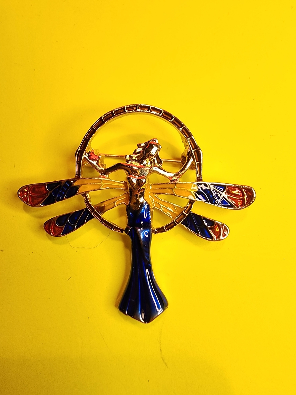 Vintage Enamel Dragonfly Brooch Pin in Blue, Red & Gold